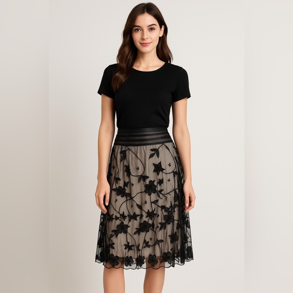 Rachel Dresses & Skirts - Rachelle Elegant Black Floral Embroidered Skirt